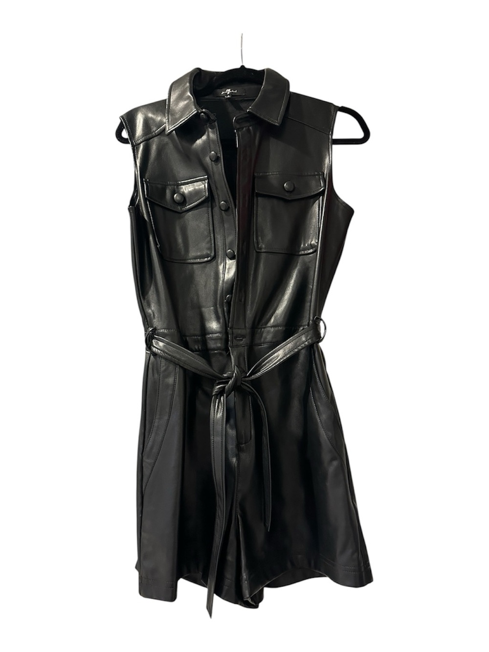 7 For All Mankind Black Sleeveless Faux Leather Shirt Dress with Tie Belt
